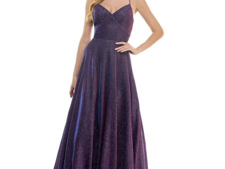 CITY STUDIO Womens Purple Zippered Lined Lace Up Glitter Padded Ombre Spaghetti Strap V Neck Full-Length Formal Gown Dress Online Hot Sale