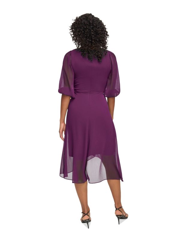 DKNY Womens Purple Zippered Lined Knotted Crossover Hem Balloon Sleeve Surplice Neckline Midi Party Fit + Flare Dress Online