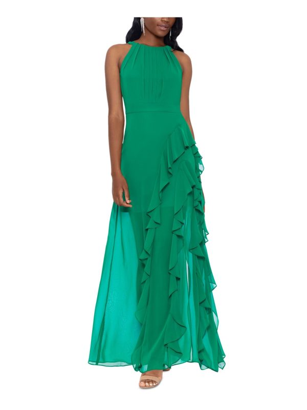 BETSY & ADAM Womens Green Zippered Ruffled Tie Back Front Slit Lined Sleeveless Halter Full-Length Formal Gown Dress Sale