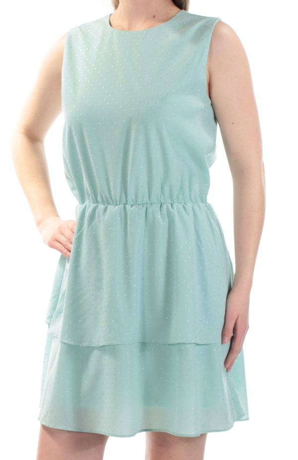 CR BY CYNTHIA ROWLEY Womens Aqua Polka Dot Sleeveless Crew Neck Above The Knee Fit + Flare Dress Sale