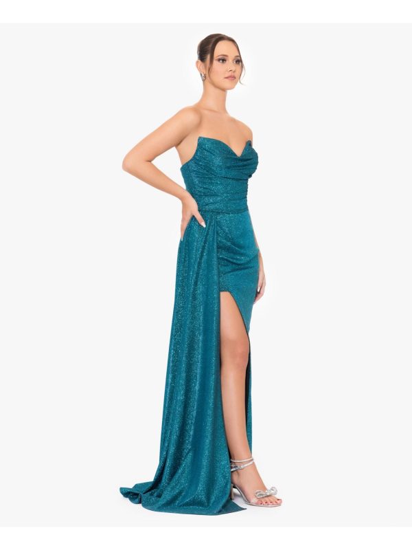 BLONDIE NITES Womens Teal Slitted Lined Pleated Glitter Zippered Sleeveless Sweetheart Neckline Full-Length Formal Gown Dress Cheap