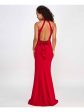 CITY STUDIO Womens Red Zippered Open Back Shirred Rosette Accents Ruffled Sleeveless Halter Full-Length Evening Sheath Dress Sale