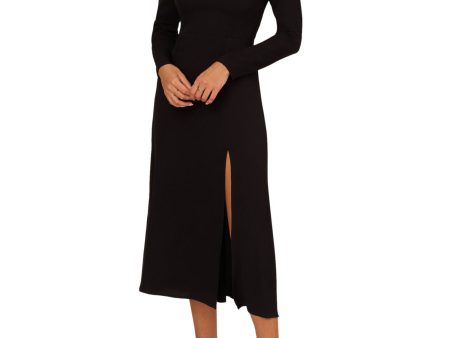 ADRIANNA ADRIANNA PAPELL Womens Black Zippered Open Back Tie Smocked Back Thigh-high Slit Long Sleeve Square Neck Midi Party Fit + Flare Dress For Sale