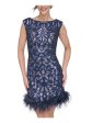 ELIZA J Womens Navy Zippered Lined Feather Trimmed Hem Cap Sleeve Boat Neck Short Party Sheath Dress on Sale