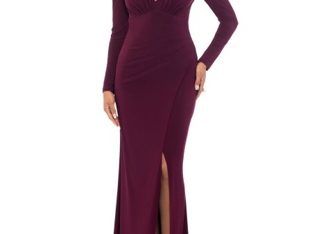 XSCAPE Womens Burgundy Ruched Zippered Faux-wrap Skirt Lined Long Sleeve V Neck Full-Length Evening Fit + Flare Dress Hot on Sale