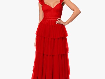 BLONDIE NITES Womens Red Adjustable Zippered Tiered Mesh Ruffle Sleeve Lined Sleeveless Sweetheart Neckline Full-Length Formal Gown Dress For Sale