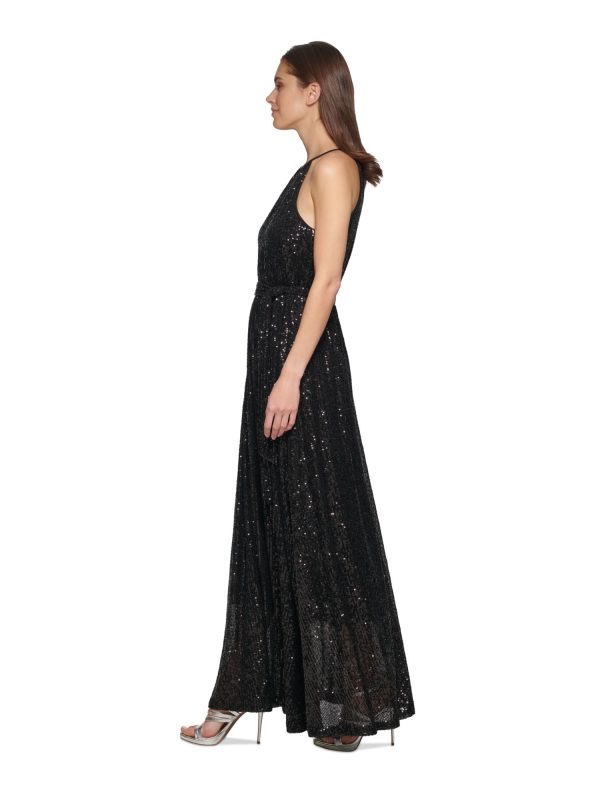 DKNY Womens Black Sequined Zippered Tie-belt Sleeveless Halter Maxi Party Gown Dress For Discount