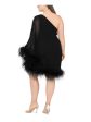 BETSY & ADAM Womens Black Lined Feathered Trim Single Sleeve Asymmetrical Neckline Above The Knee Cocktail Shift Dress Cheap