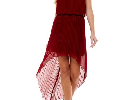 CITY STUDIO Womens Burgundy Pleated Necklace Trim High-low Hemline Sleeveless Halter Maxi Party Blouson Dress Online now