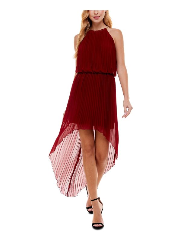 CITY STUDIO Womens Burgundy Pleated Necklace Trim High-low Hemline Sleeveless Halter Maxi Party Blouson Dress Online now