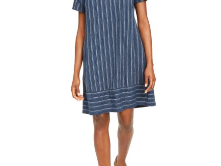 EILEEN FISHER Womens Blue Pinstripe Jewel Neck Above The Knee Fit + Flare Dress For Cheap