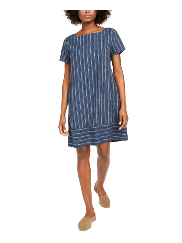 EILEEN FISHER Womens Blue Pinstripe Jewel Neck Above The Knee Fit + Flare Dress For Cheap