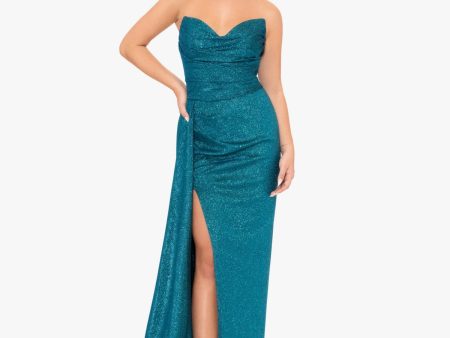 BLONDIE NITES Womens Teal Slitted Lined Pleated Glitter Zippered Sleeveless Sweetheart Neckline Full-Length Formal Gown Dress Cheap