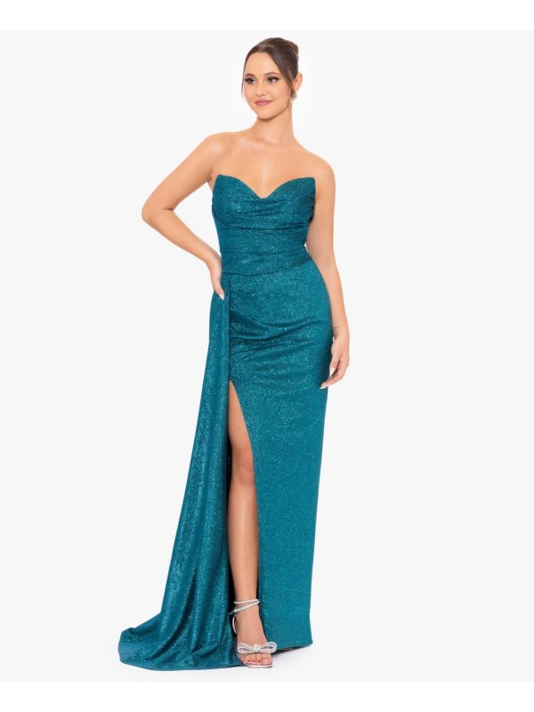 BLONDIE NITES Womens Teal Slitted Lined Pleated Glitter Zippered Sleeveless Sweetheart Neckline Full-Length Formal Gown Dress Cheap