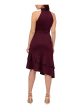 ADRIANNA PAPELL Womens Burgundy Ruched Zippered Double Ruffled Asymmetric Hem Sleeveless Halter Below The Knee Party Fit + Flare Dress Online Hot Sale