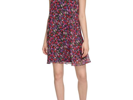 CALVIN KLEIN Womens Black Tie Zippered Lined Floral Sleeveless Mock Neck Short Party Shift Dress Sale