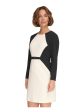 DKNY Womens White Zippered Belted Lined Color Block Long Sleeve Round Neck Above The Knee Wear To Work Sheath Dress For Cheap