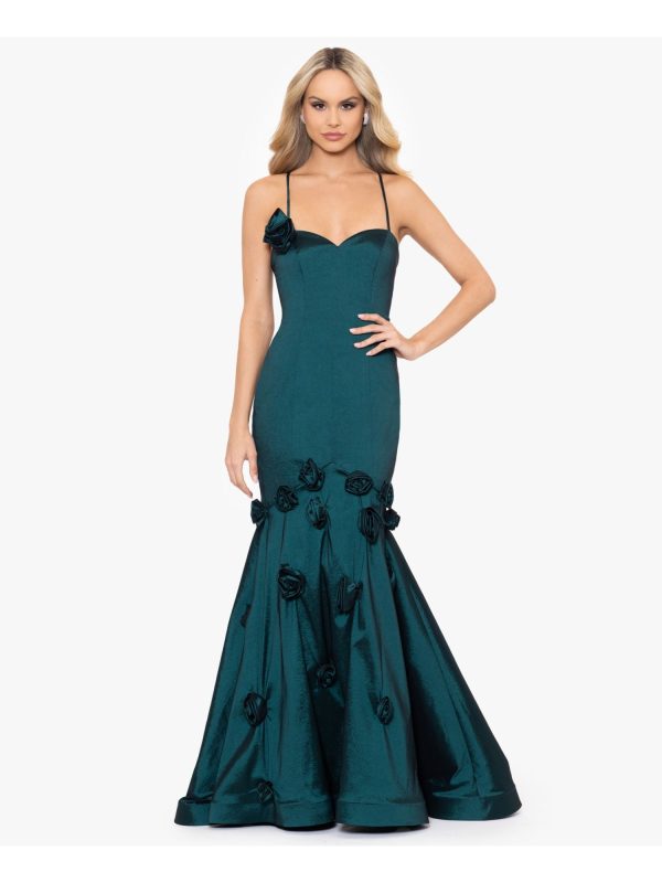 BLONDIE NITES Womens Green Lined Zippered Roset Accents Lace Up Back Spaghetti Strap Sweetheart Neckline Full-Length Formal Fit + Flare Dress Fashion