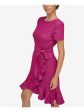 CALVIN KLEIN Womens Pink Zippered Lined Ruffled Tulip Hem Tie Belt Short Sleeve Jewel Neck Knee Length Wear To Work Sheath Dress on Sale