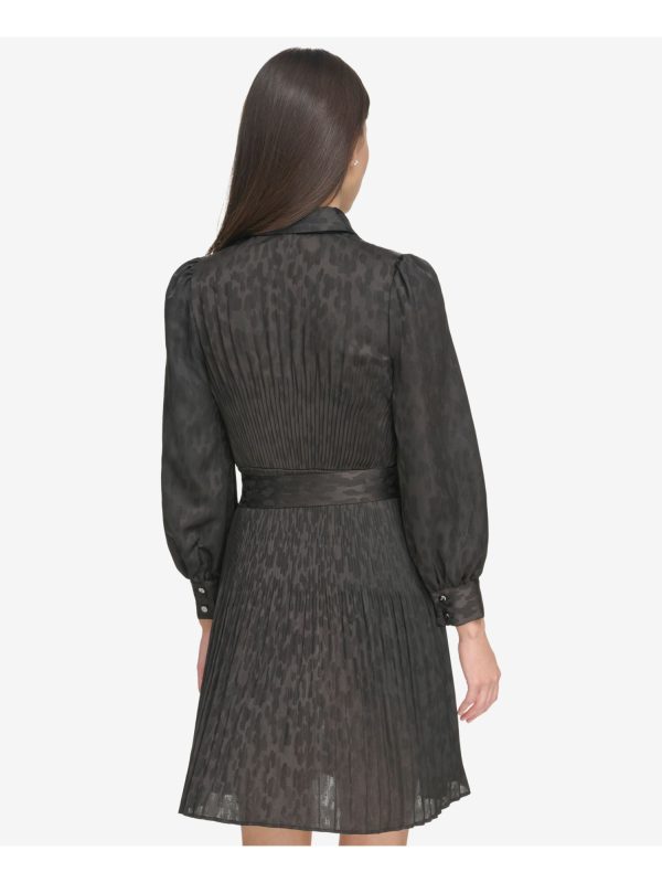 DKNY Womens Black Belted Pleated Button Down Printed Cuffed Sleeve Collared Short Cocktail Shirt Dress Online now