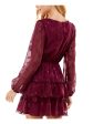 CITY STUDIO Womens Burgundy Lace Tie Waist Keyhole Back Closure Floral Balloon Sleeve V Neck Short Party Ruffled Dress Sale