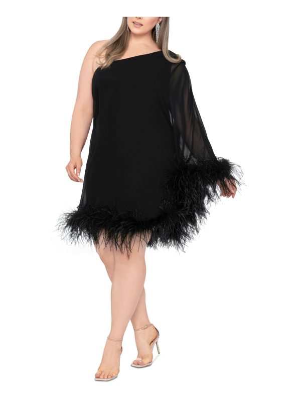 BETSY & ADAM Womens Black Lined Feathered Trim Single Sleeve Asymmetrical Neckline Above The Knee Cocktail Shift Dress Cheap