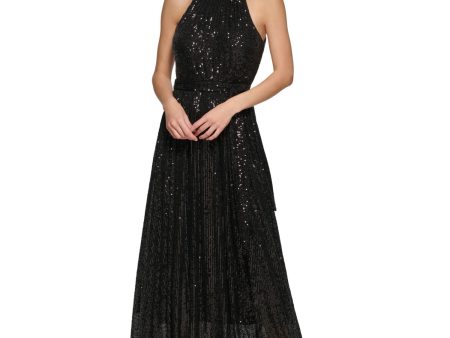 DKNY Womens Black Sequined Zippered Tie-belt Sleeveless Halter Maxi Party Gown Dress For Discount