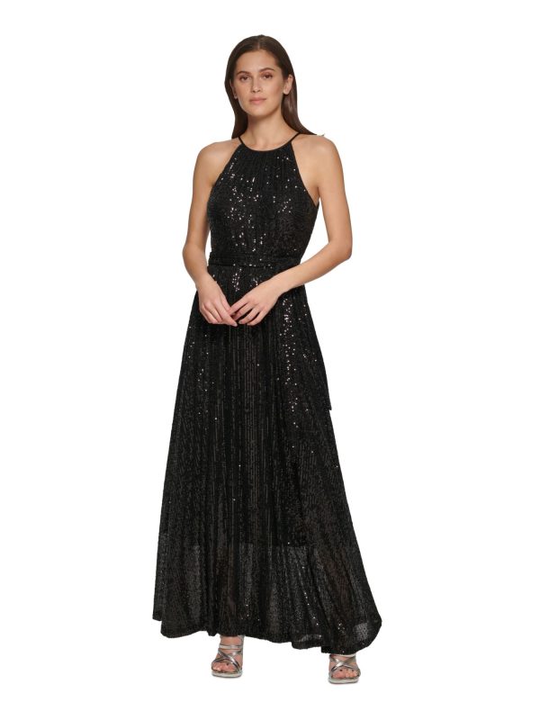 DKNY Womens Black Sequined Zippered Tie-belt Sleeveless Halter Maxi Party Gown Dress For Discount