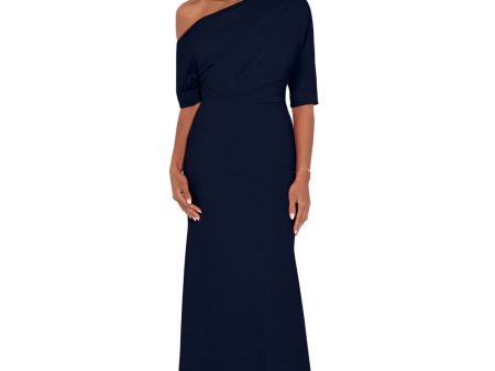 BETSY & ADAM Womens Navy Gathered Zippered Lined Elbow Sleeve Asymmetrical Neckline Full-Length Evening Gown Dress Online