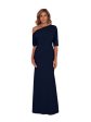 BETSY & ADAM Womens Navy Gathered Zippered Lined Elbow Sleeve Asymmetrical Neckline Full-Length Evening Gown Dress Online