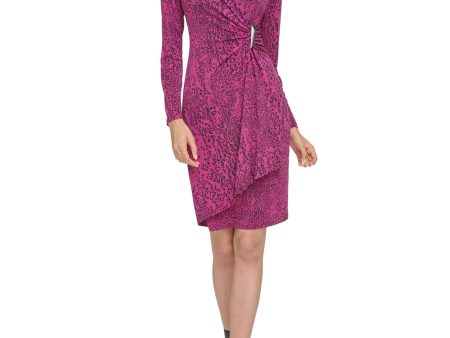 CALVIN KLEIN Womens Purple Stretch Zippered Unlined Metallic Hardware Gathered Printed Long Sleeve Surplice Neckline Above The Knee Party Faux Wrap Dress Online Hot Sale