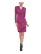 CALVIN KLEIN Womens Purple Stretch Zippered Unlined Metallic Hardware Gathered Printed Long Sleeve Surplice Neckline Above The Knee Party Faux Wrap Dress Online Hot Sale