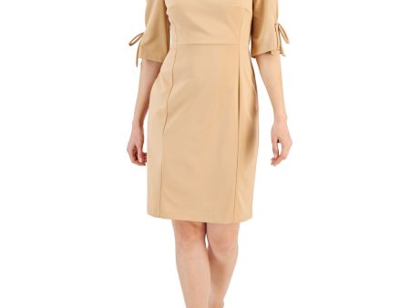 CONNECTED APPAREL Womens Beige Zippered Tie Slit Back Hem Elbow Sleeve Jewel Neck Above The Knee Wear To Work Sheath Dress Fashion