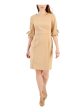 CONNECTED APPAREL Womens Beige Zippered Tie Slit Back Hem Elbow Sleeve Jewel Neck Above The Knee Wear To Work Sheath Dress Fashion