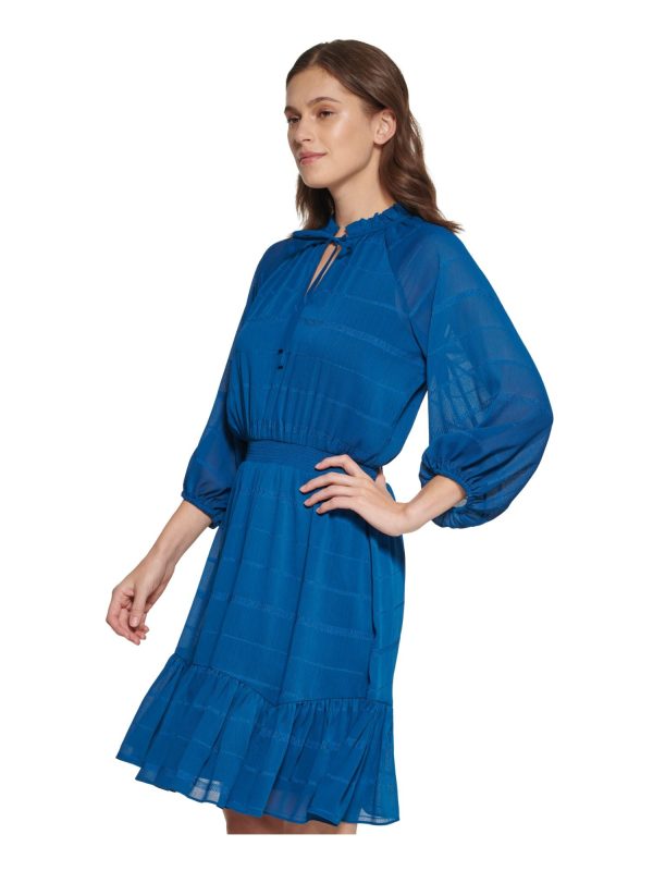 DKNY Womens Blue Ruffled Tie Smocked Waist Lined Pullover Striped 3 4 Sleeve Split Above The Knee Wear To Work Fit + Flare Dress on Sale