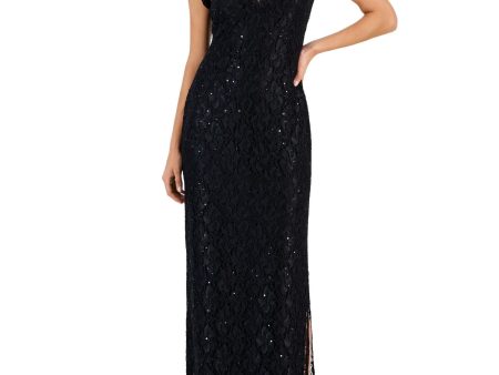 CONNECTED APPAREL Womens Black Lace Sequined Lined Slitted Pull Over Style Short Sleeve Split Maxi Evening Sheath Dress For Discount