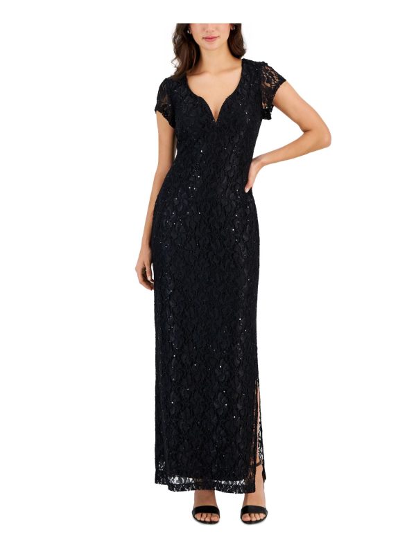 CONNECTED APPAREL Womens Black Lace Sequined Lined Slitted Pull Over Style Short Sleeve Split Maxi Evening Sheath Dress For Discount