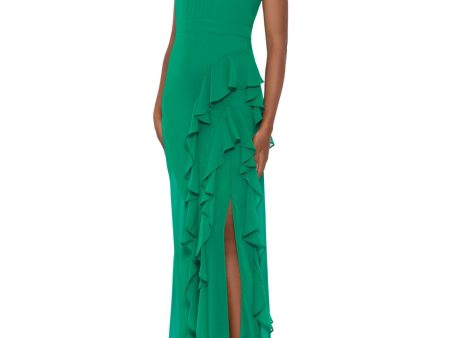 BETSY & ADAM Womens Green Zippered Ruffled Tie Back Front Slit Lined Sleeveless Halter Full-Length Formal Gown Dress Sale