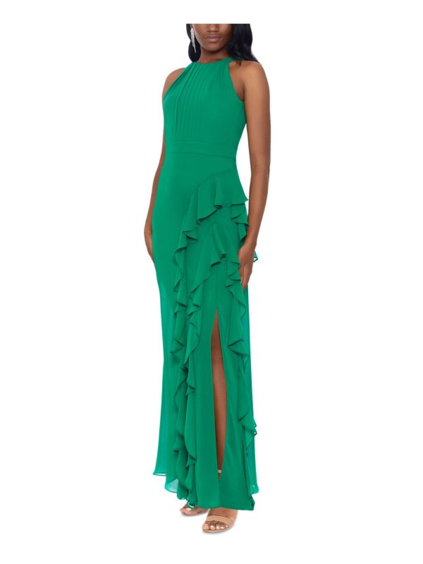 BETSY & ADAM Womens Green Zippered Ruffled Tie Back Front Slit Lined Sleeveless Halter Full-Length Formal Gown Dress Sale