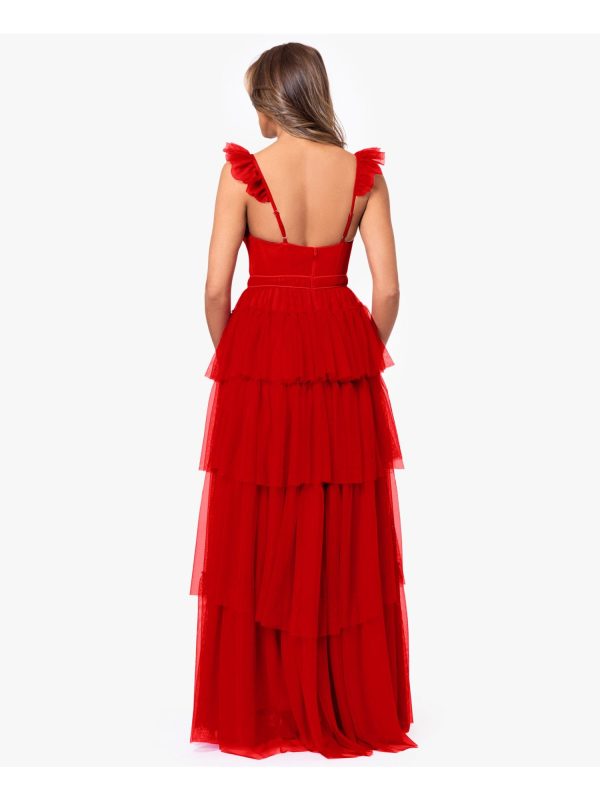 BLONDIE NITES Womens Red Adjustable Zippered Tiered Mesh Ruffle Sleeve Lined Sleeveless Sweetheart Neckline Full-Length Formal Gown Dress For Sale