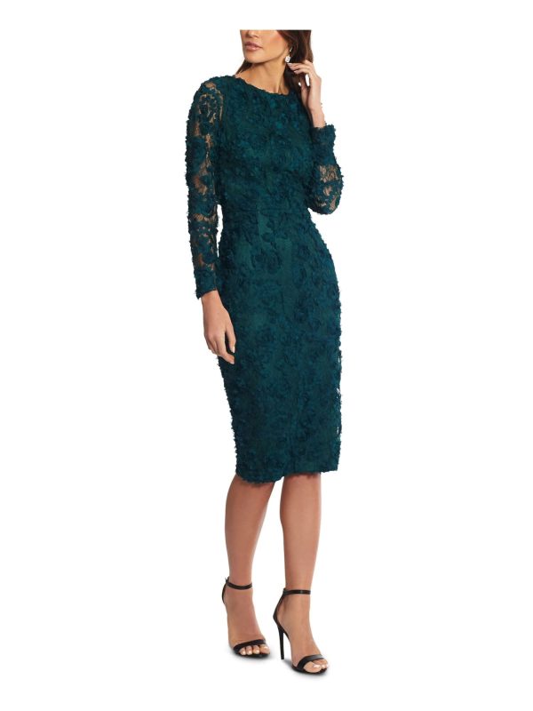 XSCAPE Womens Green Embellished Zippered Lined Slitted Long Sleeve Round Neck Below The Knee Party Sheath Dress Online