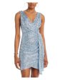 ELIZA J Womens Light Blue Pleated Zippered Cascade Trim Lined Sleeveless Surplice Neckline Above The Knee Party Faux Wrap Dress on Sale