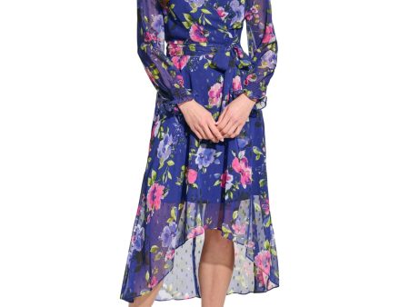 JESSICA HOWARD Womens Blue Zippered Lined Tie-belt Floral Long Sleeve Surplice Neckline Midi Party Hi-Lo Dress Online