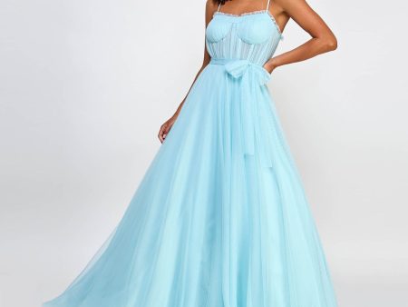 CITY STUDIO Womens Light Blue Ruffled Lined Sheer Bustier-style Bodice Tie S Spaghetti Strap Sweetheart Neckline Full-Length Formal Fit + Flare Dress Hot on Sale