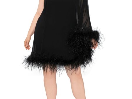 BETSY & ADAM Womens Black Lined Feathered Trim Single Sleeve Asymmetrical Neckline Above The Knee Cocktail Shift Dress Cheap