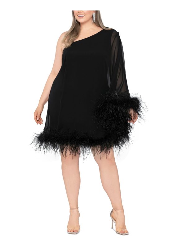 BETSY & ADAM Womens Black Lined Feathered Trim Single Sleeve Asymmetrical Neckline Above The Knee Cocktail Shift Dress Cheap