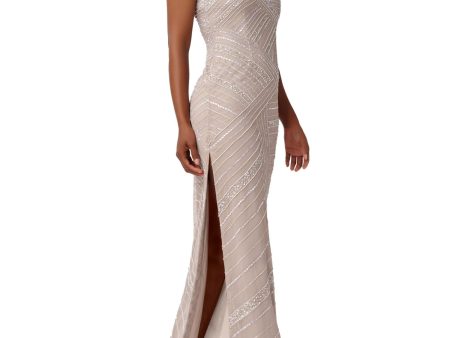 ADRIANNA PAPELL Womens Beige Beaded Zippered High Side Slit Lined Sleeveless Asymmetrical Neckline Full-Length Evening Sheath Dress Sale