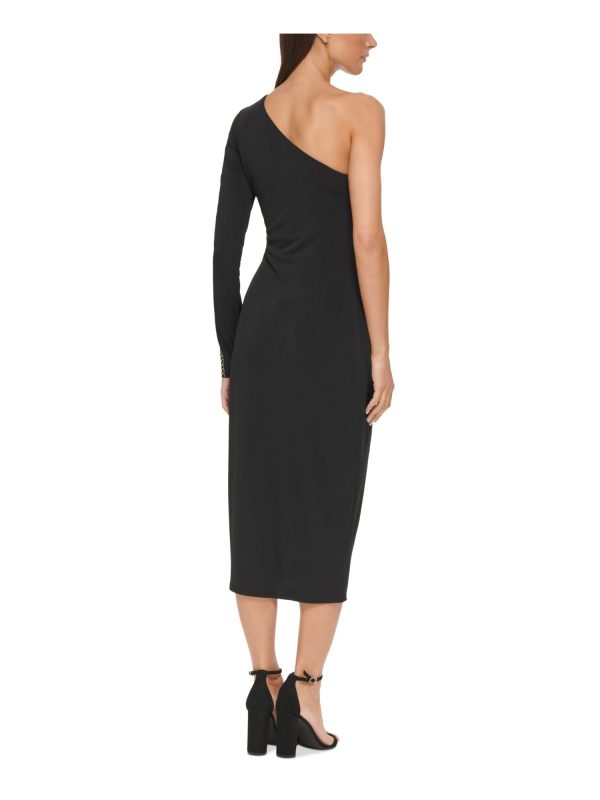 GUESS Womens Black Embellished Ruched High Slit Lined Long Sleeve Asymmetrical Neckline Midi Cocktail Sheath Dress Online