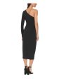 GUESS Womens Black Embellished Ruched High Slit Lined Long Sleeve Asymmetrical Neckline Midi Cocktail Sheath Dress Online