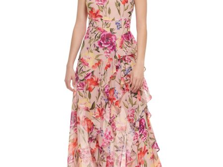 ELIZA J Womens Pink Zippered Ruffled Tie Closure At Back Floral Sleeveless Halter Maxi Party Fit + Flare Dress Online Sale